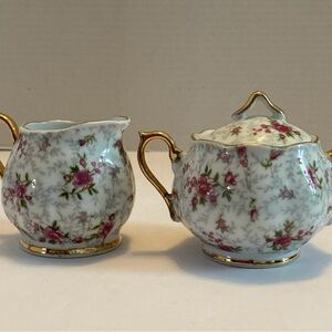Lefton Rose Chintz Bone China Creamer & Sugar Set Pink Roses & Gold Trim INARCO